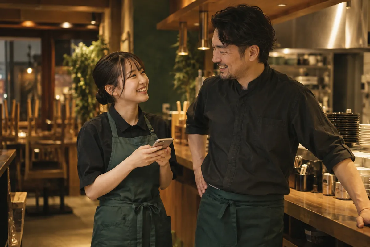 勤務のあと、スマホを手に店長と話すスタッフ