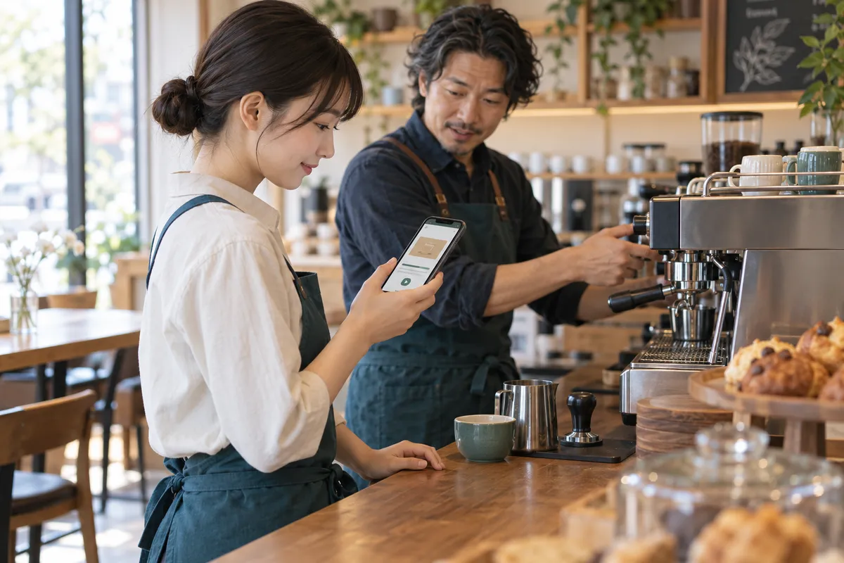 カウンターでスマホの教材を確かめるカフェのスタッフ