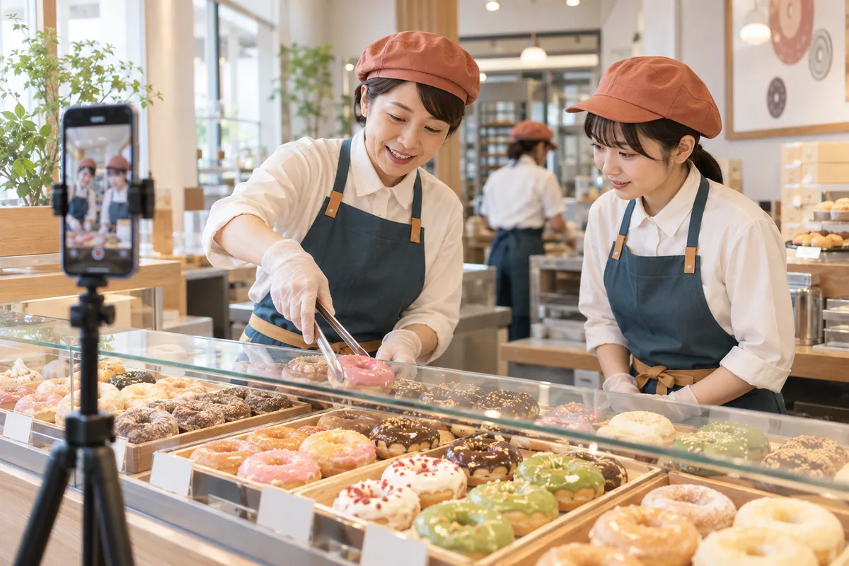 ショーケースの並べ方をスマホで撮影するドーナツ店のスタッフ
