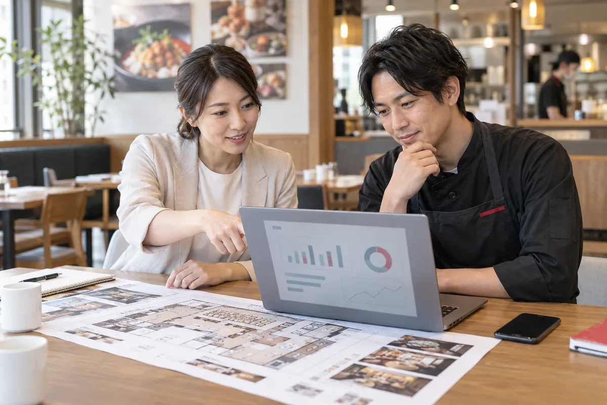 本部の担当者と店長が、パソコンで店舗の受講状況を確かめている
