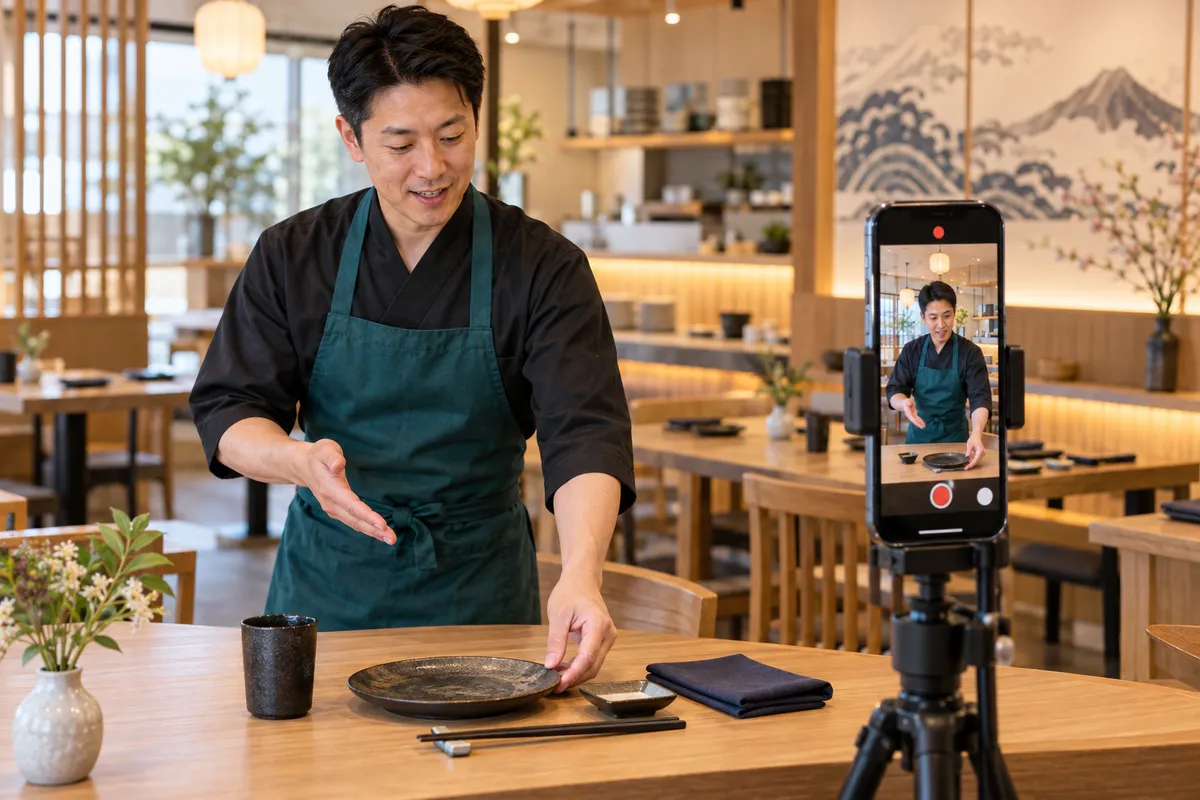 店長が器の並べ方をスマホで撮影している和食店