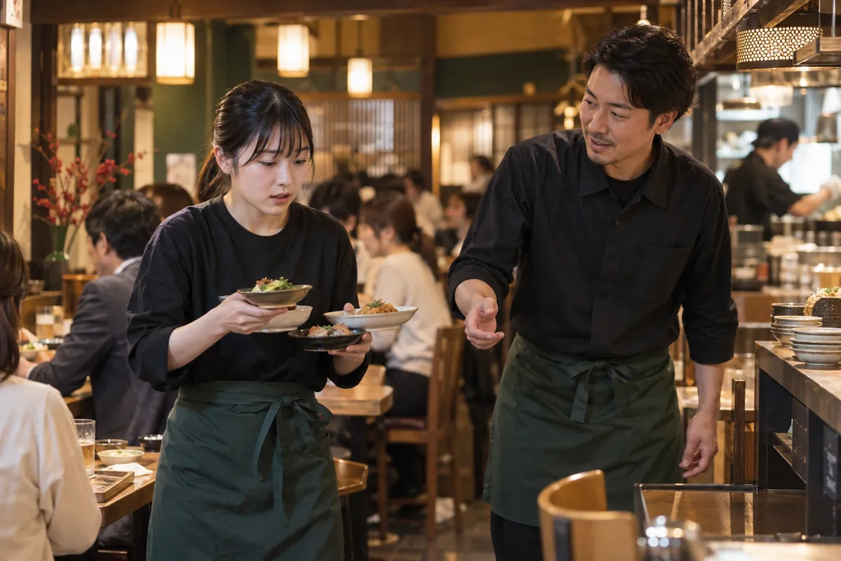 はじめての勤務で、料理の皿を手に店長の説明を聞くスタッフ